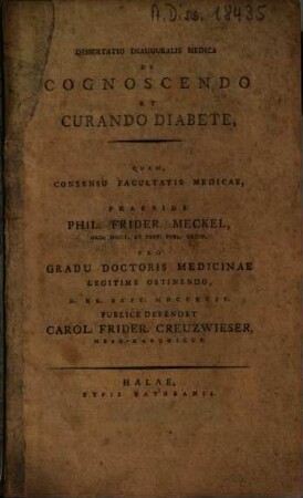 Dissertatio inauguralis medica de cognoscendo et curando diabete