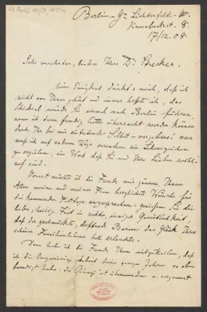 Brief an Ludwig Strecker  und B. Schott's Söhne : 17.12.1908