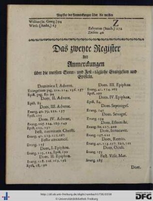 Das zweyte Register der Anmerckungen über die meisten Sonn- und Fest-tägliche Evangelien und Episteln.