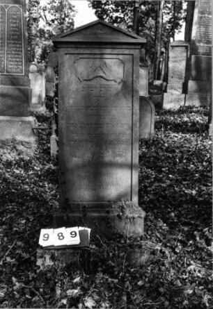 Grabstein 989 (Index: 99804012) Material: Sandstein Zustand: gut Maße HxBxT: 168x58x18 cm Beschreibung: Sockel, Stele mit verdachtem giebeligem Aufsatz und profiliertem Rand Symbolik: segnende Hände Besonderheit: Endreim: Grabstein 989