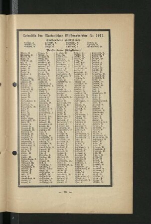 Totenliste des Marianischen Missionsvereins für 1912.