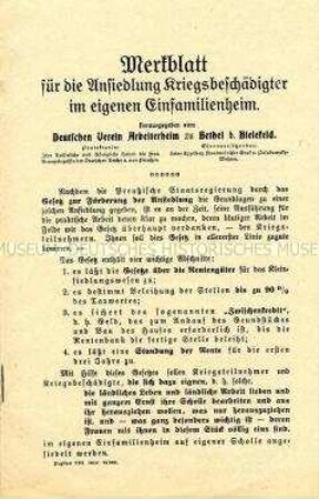 Merkblatt für die Ansiedlung Kriegsbeschädigter im eigenen Einfamilienheim - Flugblatt des Deutschen Vereins Arbeiterheim Bethel