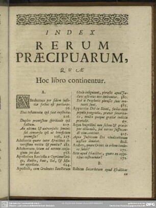 Index Rerum Praecipuarum, Quae Hoc libro continentur