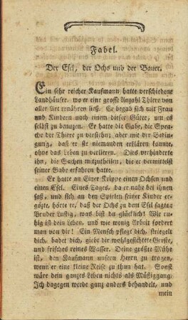 Fabel. Der Esel, der Ochs und der Bauer.