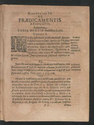 Disputatio IV. De Praedicamentis Absolutis. Respondente Tobia Hentio