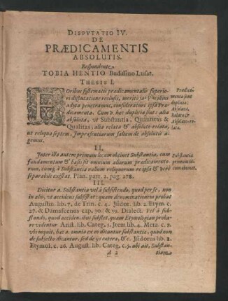 Disputatio IV. De Praedicamentis Absolutis. Respondente Tobia Hentio
