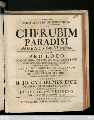 Exercitatio Philologica De Cherubim Paradisi : Ad Genes. Cap. III., vers. 24.