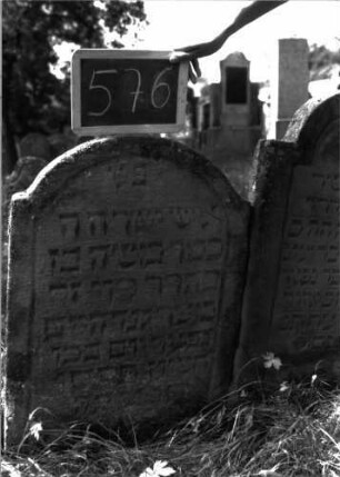 Grabstein 576 (Index: 100102477) Material: Sandstein Zustand: leicht verwittert Maße HxBxT: 82x56x7 cm Beschreibung: Stele, Konvexbogenabschluss, Schriftfeld eingetieft mit Segmentbogenabschluss: Grabstein 576
