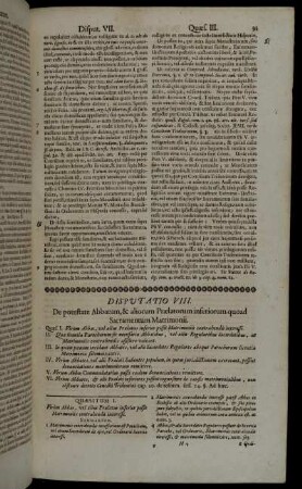 Disputatio VIII. De potestate Abbarum, & aliorum Prælatorum inferiorum quoad Sacramentorum Matrimonii.
