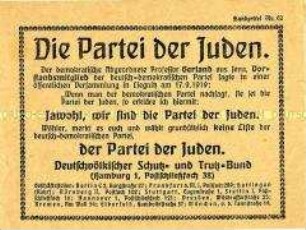 Handzettel mit dem Aufruf des Deutschvölkischen Schutz- und Trutz-Bundes, nicht die DDP zu wählen, da sie die "Partei der Juden" sei
