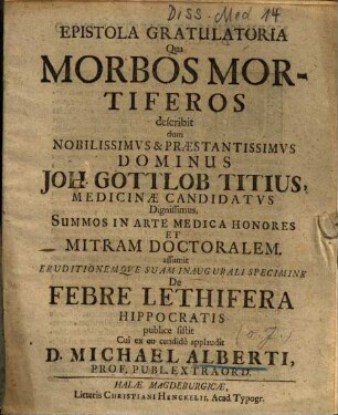 Epistola Gratulatoria Qua Morbos Mortiferos describit