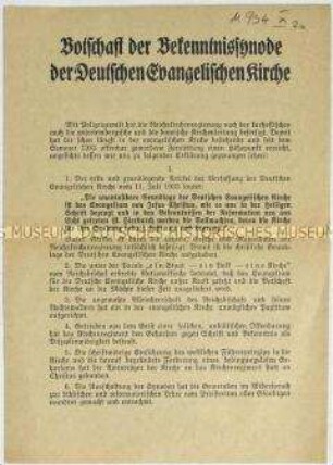 Flugblatt der Bekenntnissynode der Deutschen Evangelischen Kirche gegen die zwangsweise Eingliederung der evangelischen Landeskirchen in die Reichskirche