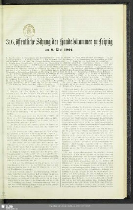 316. öffentliche Sitzung der Handelskammer zu Leipzig am 9. Mai 1901