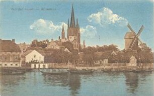 Werder (Havel). Stadtansicht mit Bockmühle, kolorierte Ansichtskarte