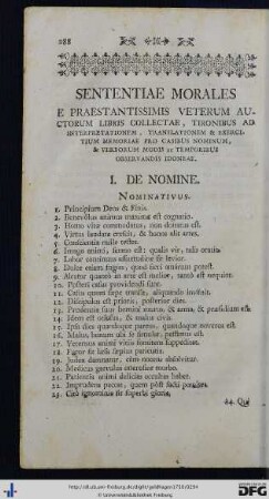 I. Sententiae Morales E Praestantissimis Veterum Auctorum Libris Collectae.