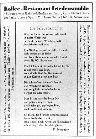 Bad Muskau. Friedensmühle, Werbeanzeige "Kaffee-Restaurant-Friedensmühle", Repro (Bildersammlung Fam. Schneider)