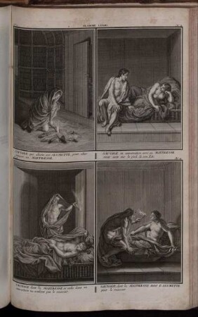 Planche LXXIII. : N. 1. Sauvage qui alume une Alumette [...] ; N. 2. Sauvage en conversation avec sa Maitresse [...] ; N. 3. Sauvage dont la Maitresse [...] ; N. 4. Sauvage dont la Maitresse éteint L'Alumette pour le recevoir