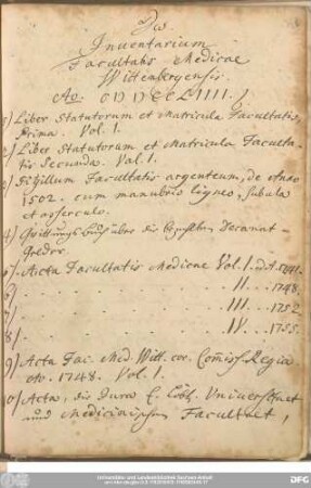 Inventarium Facultatis Medicae Wittenbergensis.