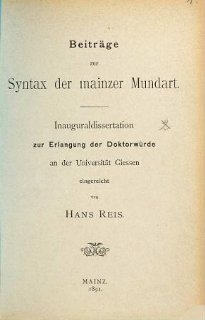 Beiträge zur Syntax der Mainzer Mundart