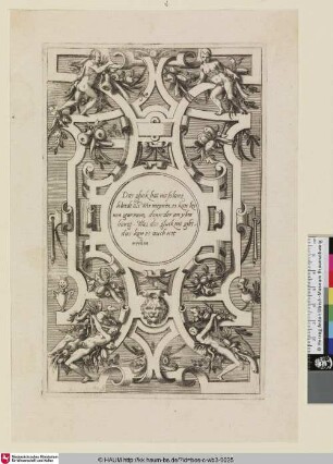 [Grotesker Ornamentrahmen mit Gemüse, Löwenmasken, vier Menschen und deutscher Inschrift: Das gluck hat nit solang ...]