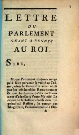 Lettre du parlement séant à Rennes au Roi
