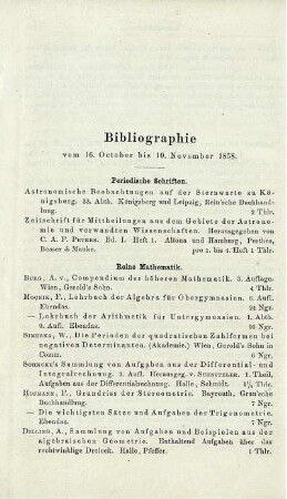 Bibliographie vom 16. October bis 10. November 1858.