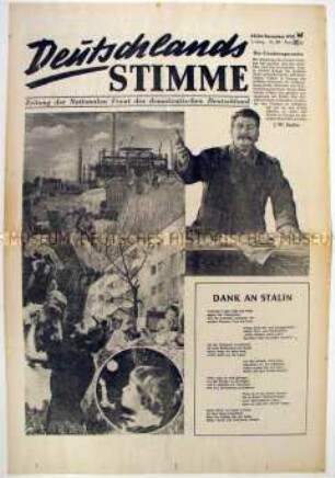 Wochenzeitung der Nationalen Front "Deutschlands Stimme" u.a. zum Geburtstag von Stalin