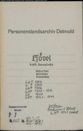 Kirchenbuchdublikate der katholischen Gemeinde Hövel, Kreis Lüdinghausen (GHT 1804; GT 1805; GHT 1806; GHT 1815-1819; GH 1820; GHT 1821-1849). (Gemeinde: Hövel, Katholische Gemeinde)