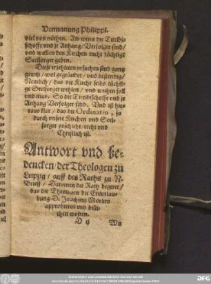 Antwort vnd bedencken/ der Theologen zu Leipzig/ auff des Raths zu N. Brieff/ Darinnen der Rath begeret/ das die Theologen die Enturlaubung D. Joachimi Mörlini approbieren vnd billichen wolten.