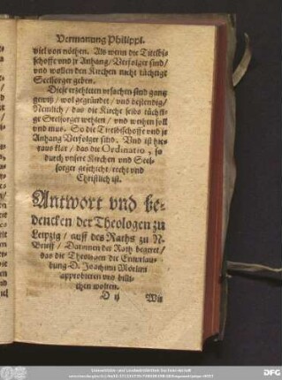 Antwort vnd bedencken/ der Theologen zu Leipzig/ auff des Raths zu N. Brieff/ Darinnen der Rath begeret/ das die Theologen die Enturlaubung D. Joachimi Mörlini approbieren vnd billichen wolten.