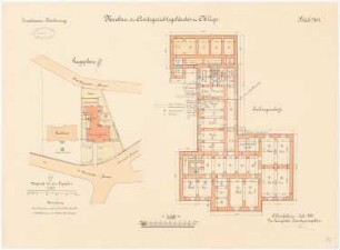 Amtsgericht, Solingen-Ohligs: Lageplan 1:500. Grundriss Keller 1:100