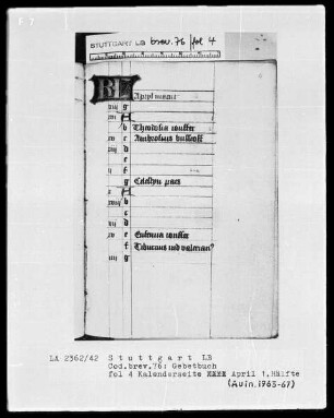 Niederdeutsches Stundenbuch (Lüning-Bergheim-Gebetbuch) — Kalenderseite, April 1. Hälfte, Folio 4recto