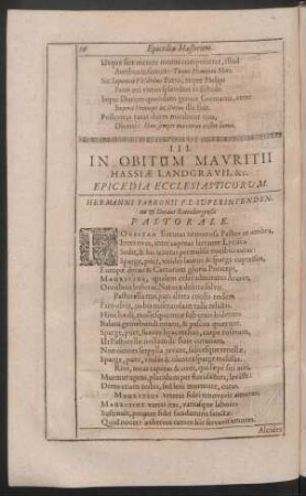 III. In Obitum Mauritii Hassiae Landgravii, &c. Epicedia Ecclesiasticorum.
