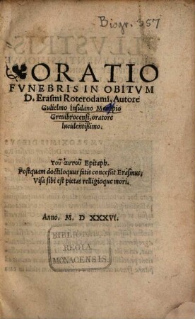 Oratio Funebris In Obitum D. Erasmi Roterodami