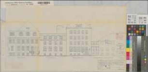 Münster (Münster) Kinderklinik der Universität - Robert Koch Straße Umbau-, Ergänzungs- und Instandsetzungsarbeiten Einrichtung einer Heilpädagogischen Abteilung im Czerny-Haus Blatt 8 Nord-Straßenansicht mit Aufstockung 1965 1 : 100 37 x 68 Pause Staatshochbauamt II Münster Regierung Münster Nr. 34010