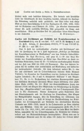140-141 [Rezension] Reichert, Benedictus Maria, Registrum litterarum Joachimi Turriani 1487 - 1500; Vincentii Bandelli 1501 - 1506; Thomae de Vio Caietani 1507 - 1513