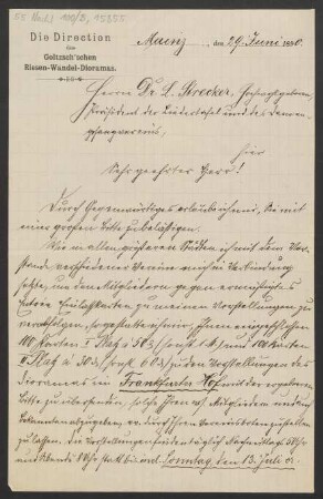 Brief an Ludwig Strecker  und Mainzer Liedertafel und Damengesangverein : 29.06.1890
