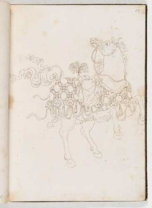 Springendes Pferd in Prachtreitzeug, in einem Band mit Antikischen Figurinen und Pferdedekorationen, Bl. 12