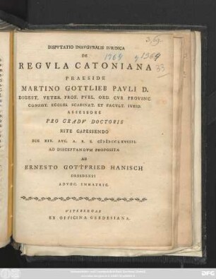 Dispvtatio Inavgvralis Ivridica De Regvla Catoniana