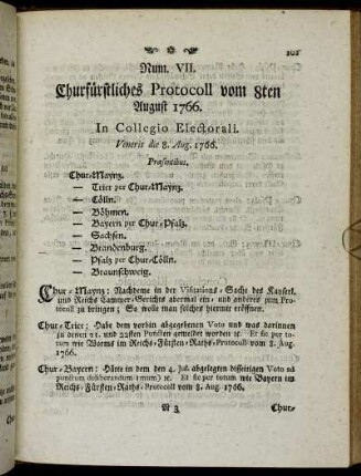 Num. VII. Churfürstliches Protocoll vom 8ten August 1766.