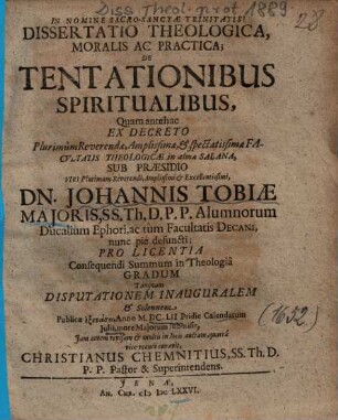 Dissertatio Theologica, Moralis Ac Practica, De Tentationibus Spiritualibus