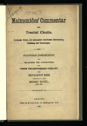 Maimonides' Commentar zum Tractat Chulin : arabischer Urtext mit verbesserter hebräischer Übersetzung, Einleitung und Anmerkungen