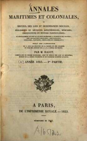 Annales maritimes et coloniales. Partie 1. [8]. 1823