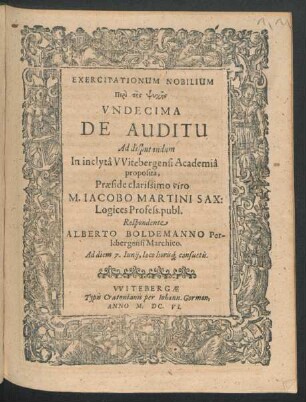 Exercitationum Nobilium Peri tēs Psychēs Undecima De Auditu