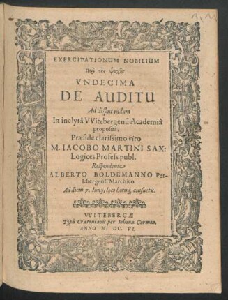 Exercitationum Nobilium Peri tēs Psychēs Undecima De Auditu