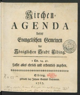 Kirchen-Agenda derer Evangelischen Gemeinen der Königlichen Stadt Elbing