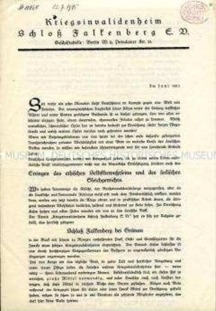 Spendenaufruf für das Kriegsinvalidenheim Falkenberg