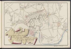 Umgebungskarte von Mühlberg, Federzeichnung, bis 1803 : Band 2: Seite 5: Plan von Denen beyden Lagers der Chur Sächs. Armee bey Mühlberg im Jahre 1785 / Ignatius v. Brzeski. - [S.l.]. - 1 Karte ; Handzeichnung, koloriert, 21 x 31 cm // Mit klappbarem Bereich