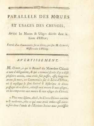 Parallele des moeurs et usages des Chinois avec les moeurs et usages décrits dans le livre d'Esther