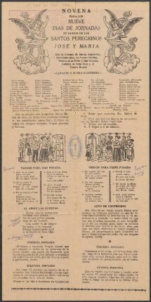 Novena para los nueve días de jornadas [...] : Letanía á María Santísima ; Versos para dar posada ; Al abrir las puertas ; Versos para pedir posada ; Acto de contrición ; [de] Primera jornada [a] novena jornada ; Despedida de los peregrinos de la posada ; Noche Buena ; Letanía